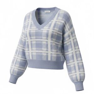 Super Cosy Hippie Rose V-Neck Sweater - Soft Blue and White Plaid